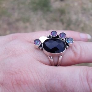 New Black Onyx and Mystic Topaz 925 Silver Ring.